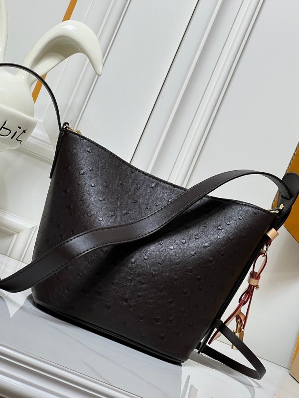 Chic Black Ostrich - Embossed Bucket Bag